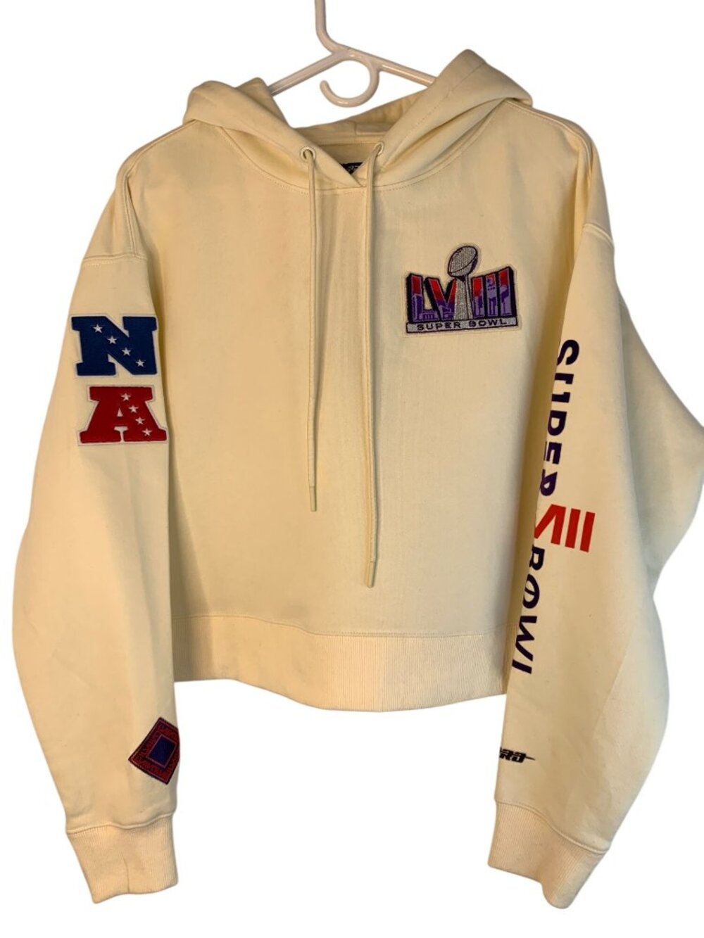 Womens NFL Super Bowl LVIII Cropped Hoodie Patches Size L Eggshell Cotton NWT - Picture 4 of 14